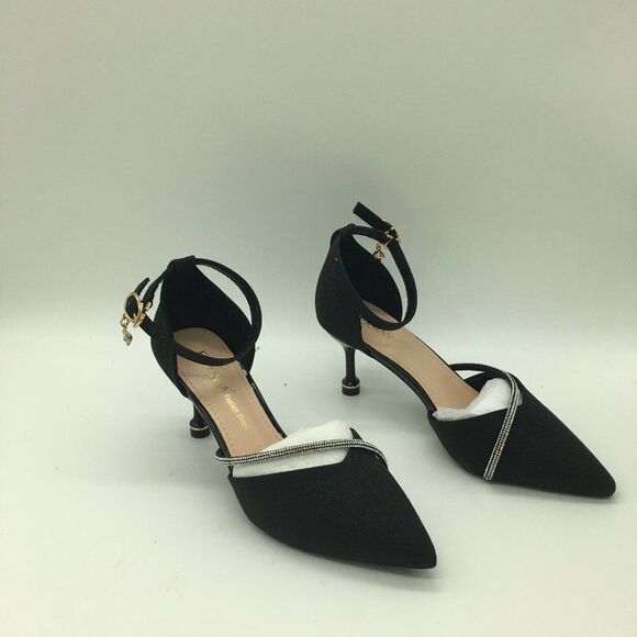 Eastanna Fashion Pointed Toe Ankle Strap Kitten Heel Pumps With Rhinestones - Picture 3 of 10